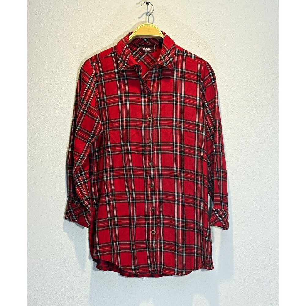 Arani Women's M Red Black White Plaid Collared Button-Up Long Sleeve Embroidered